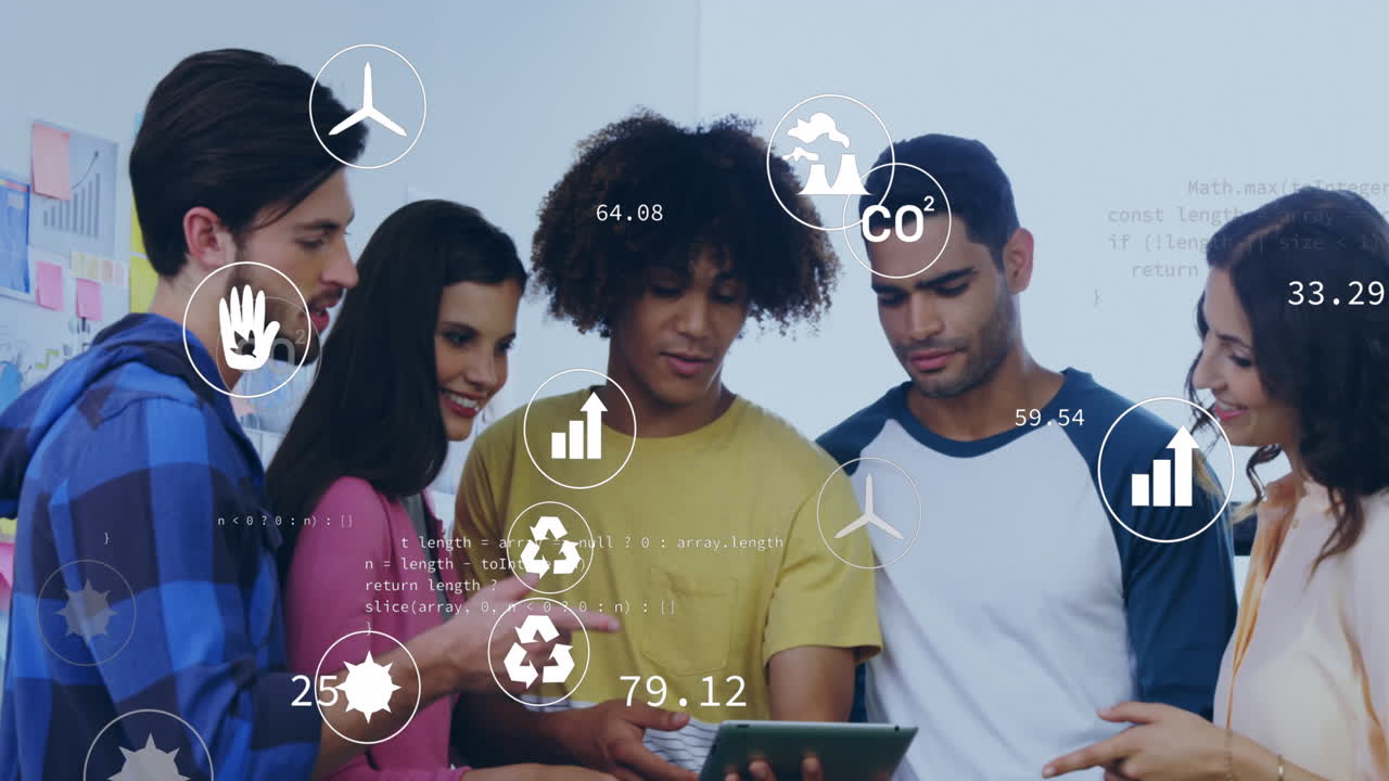 에코 아이콘과 데이터 프로세싱의 애니메이션 사무실에서 다양한 비즈니스 사람들을 통해