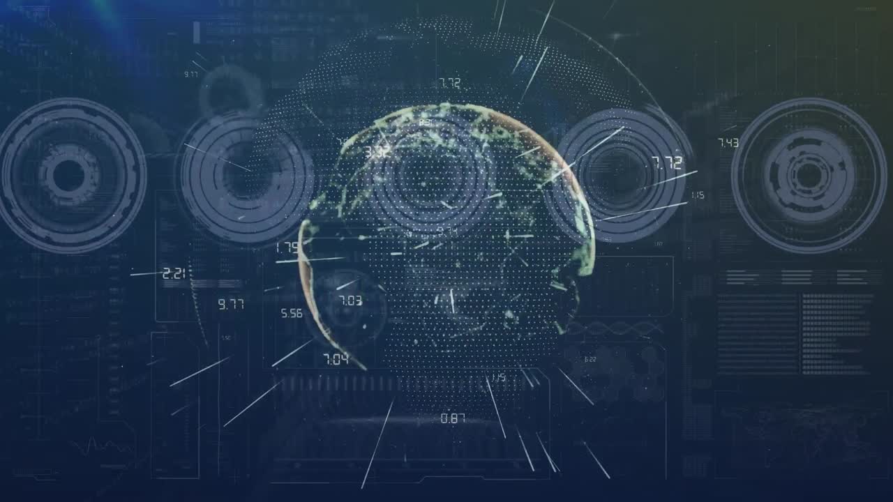 Animation of data processing and globe with data processing over dark background