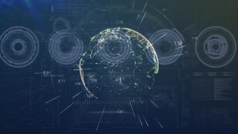 animation of data processing and globe with data processing over dark background
