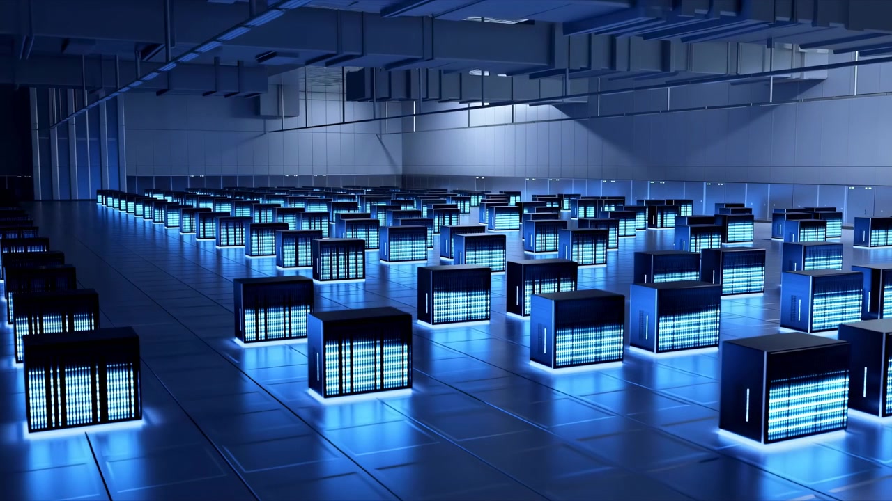 Smooth tracking view moves across evenly spaced black server cabinets glowing cyan and blue, revealing deep perspective, metallic wall panels, ceiling ducts, and cool floor reflections.