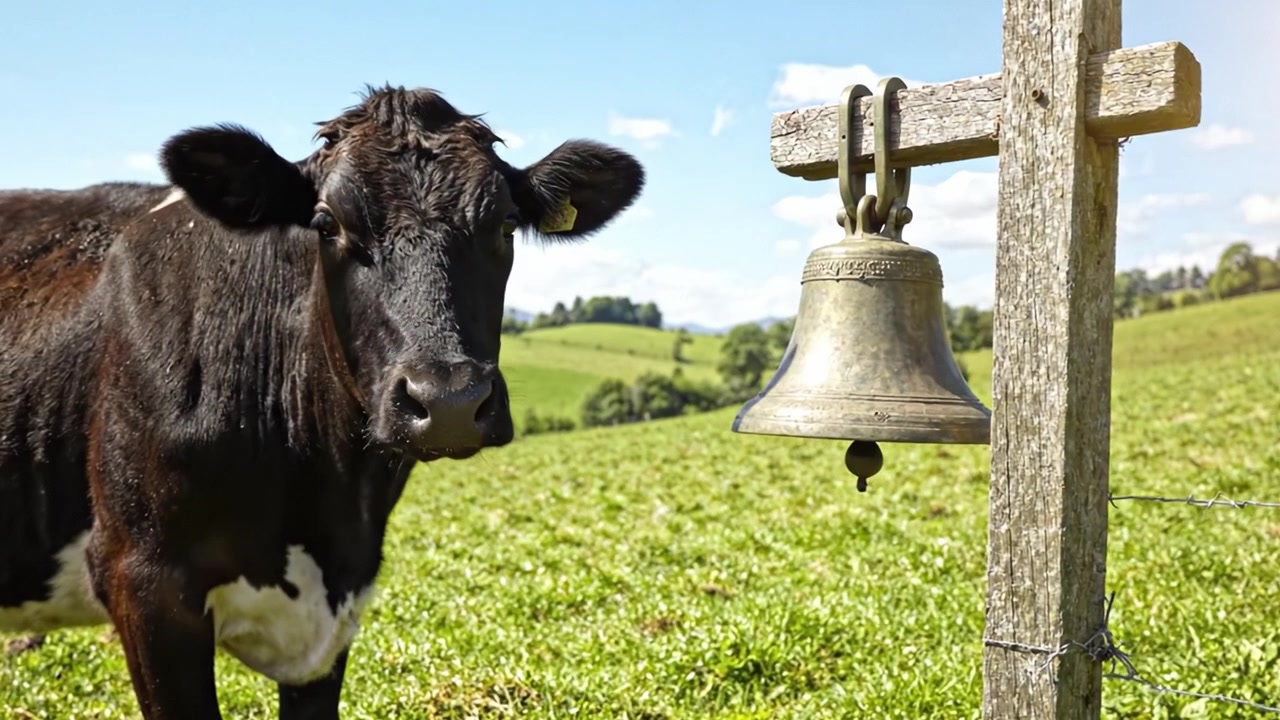Una vaca curiosa cerca de una campana en un exuberante pastizal verde bajo un cielo azul claro: Capturando la belleza de la vida rural y la simplicidad de la naturaleza