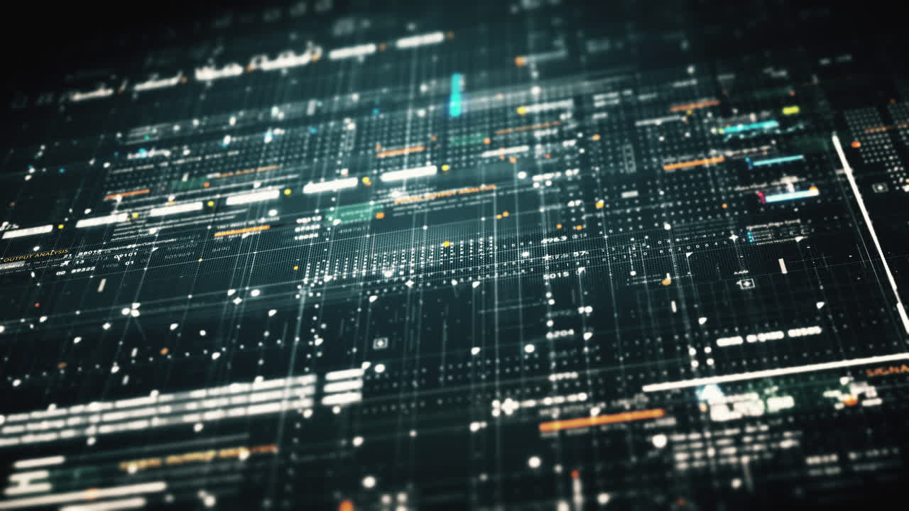 Advance data matrix, telemetry and encrypt numbers simulation user interface display in cyber space abstract de-focus environment background