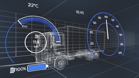 animación de velocímetros, iconos de baterías y números cambiantes sobre el modelo 3d del camión