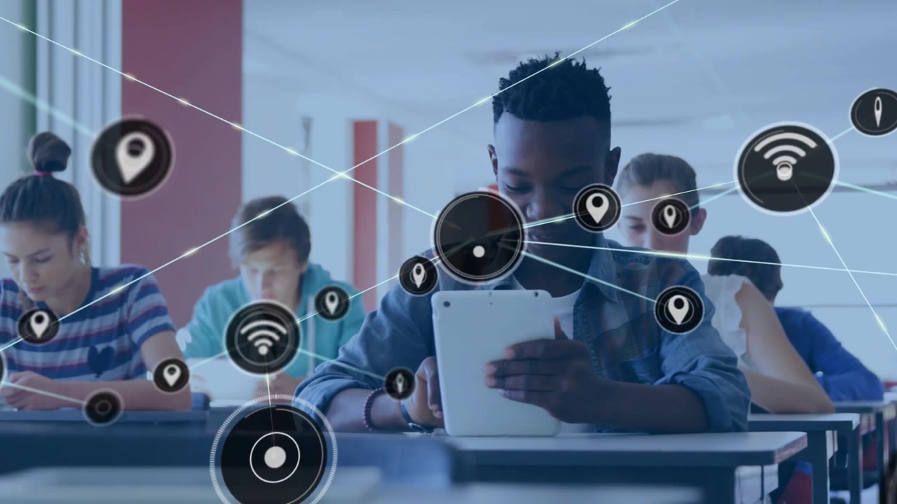 Male student tapping tablet and initiating animated node network forming around him in education
