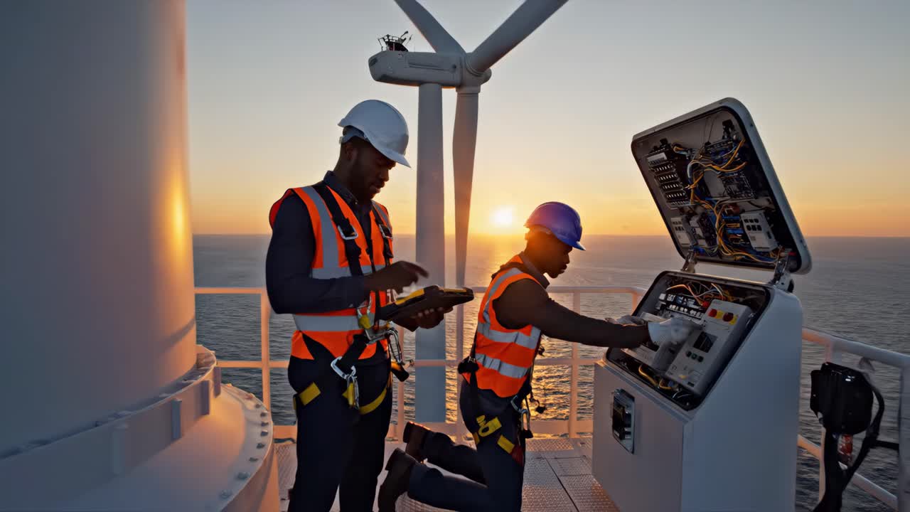 Engineers Inspecting Wind Turbine at Sunset