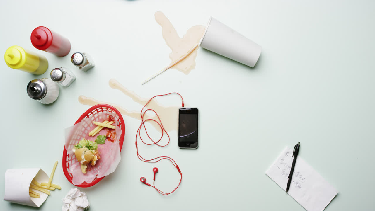 вид сверху мужчина проливает напиток по телефону рассчитывает финансовый бюджет в американской закусочной ресторан быстрого питания руки сверху - красный эпический дракон