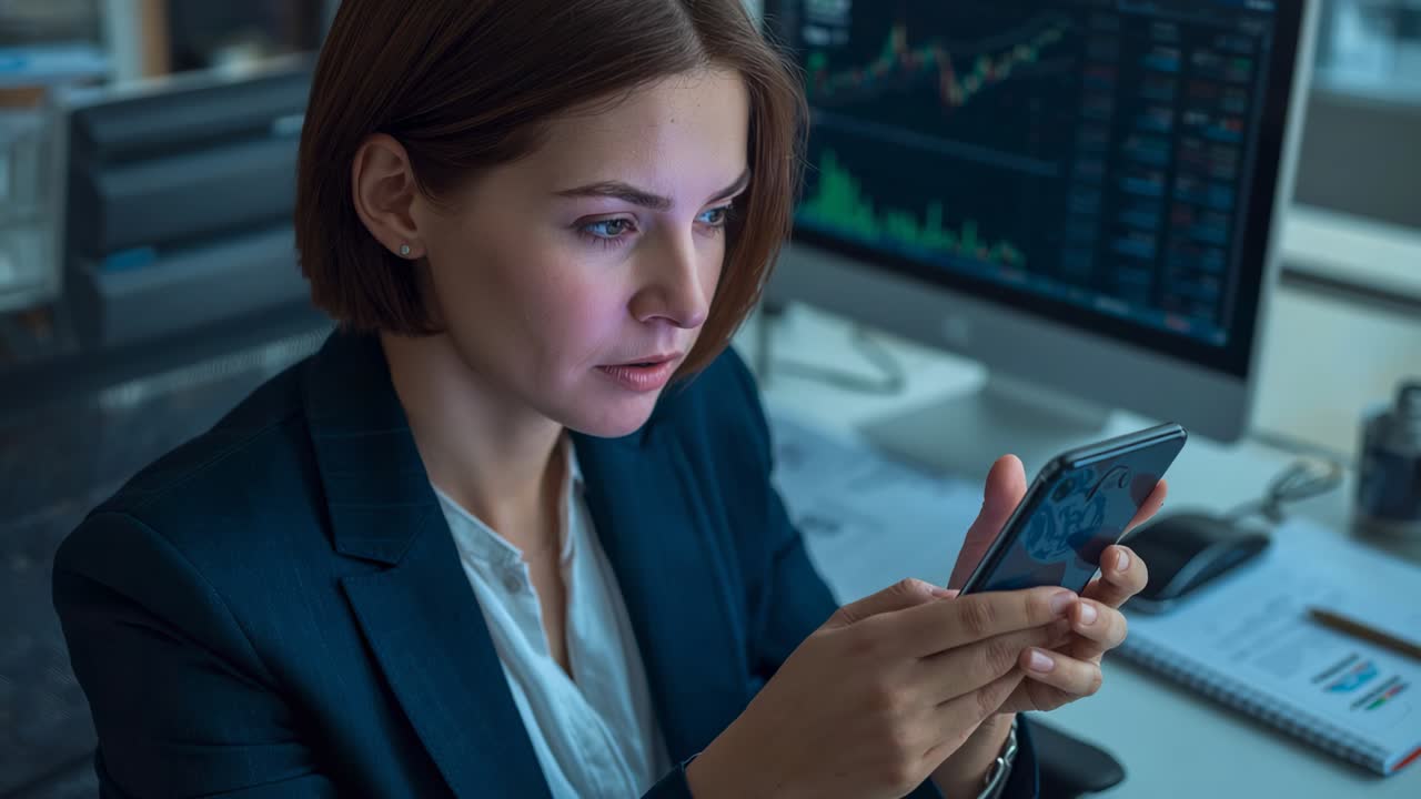 Glancing at monitor, woman in blazer reviewing stock charts tapping smartphone to trade in office
