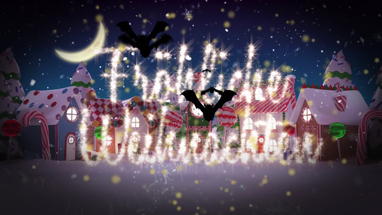 Purple haze releasing golden particles drifting candy forming bats flying unveiling Fairylich Xmas