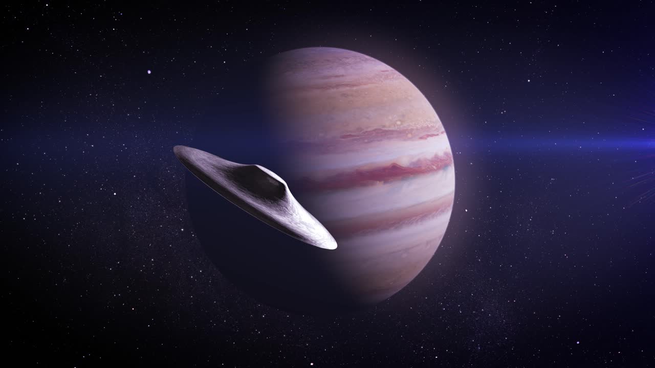 júpiter y un objeto misterioso en el espacio profundo