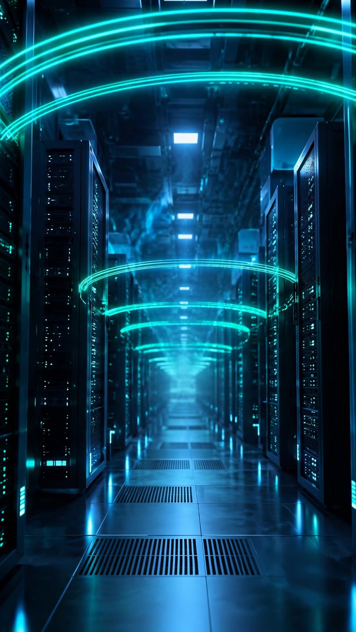 Illuminated server room corridor shows cyan reflections and circular overhead effects as viewpoint advances through equipment rows, creating futuristic digital environment with deep shadows and layout
