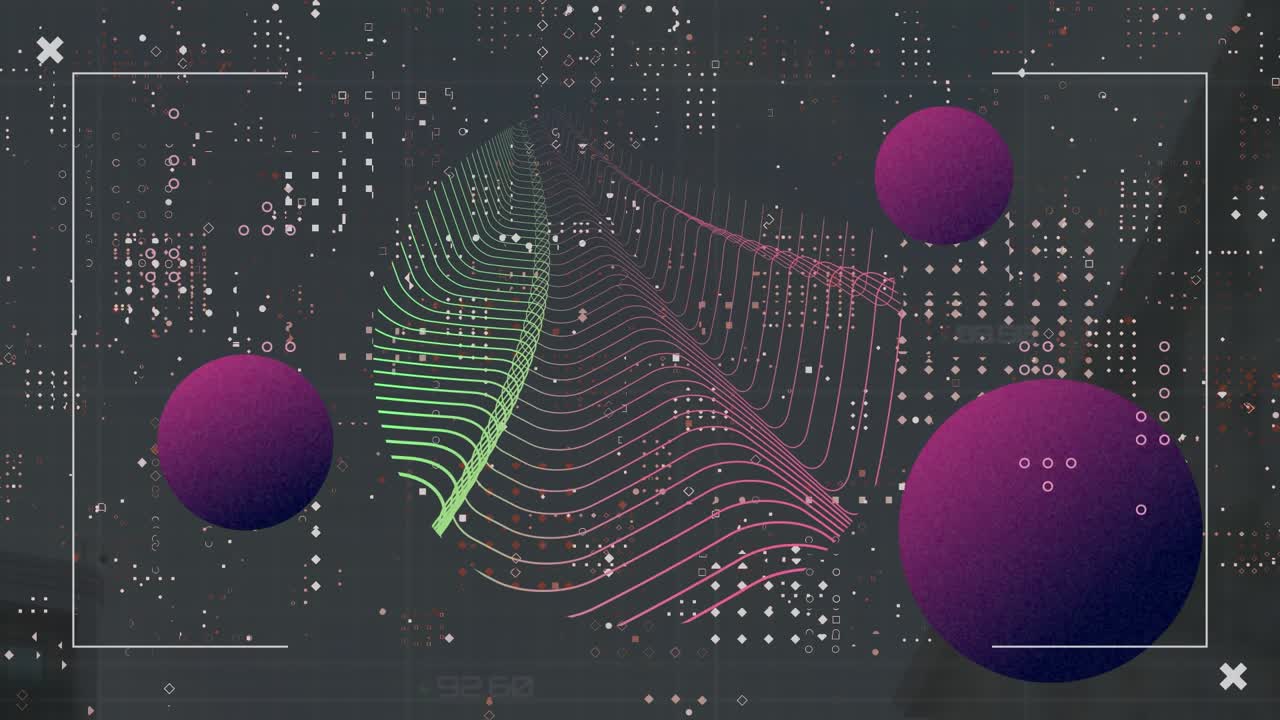 Animation of digital wave and abstract shapes against row dots pattern over grey background
