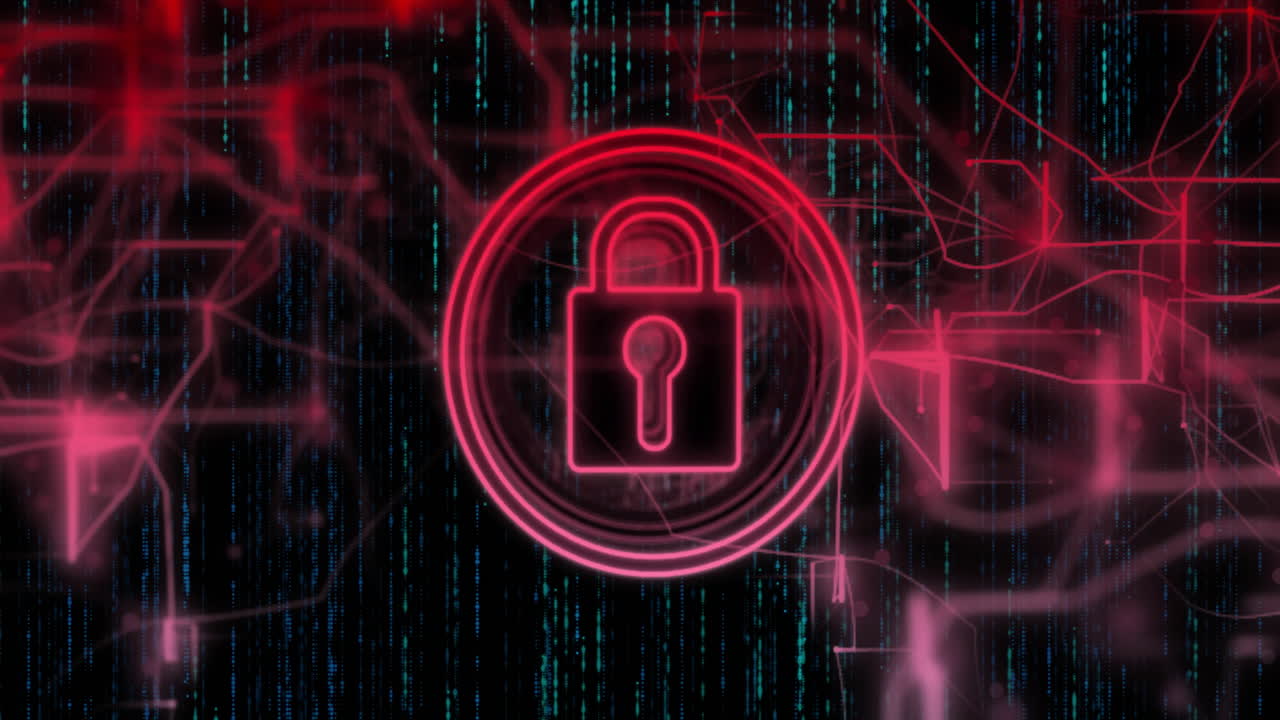 animación del icono del candado con conexiones a través del procesamiento de datos en fondo negro