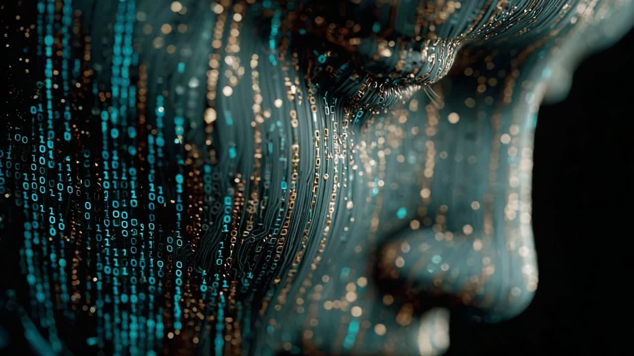 Profile of a humanoid android head with glowing binary code and streaming digital data across its surface, symbolizing AI, machine learning, technological singularity and future tech