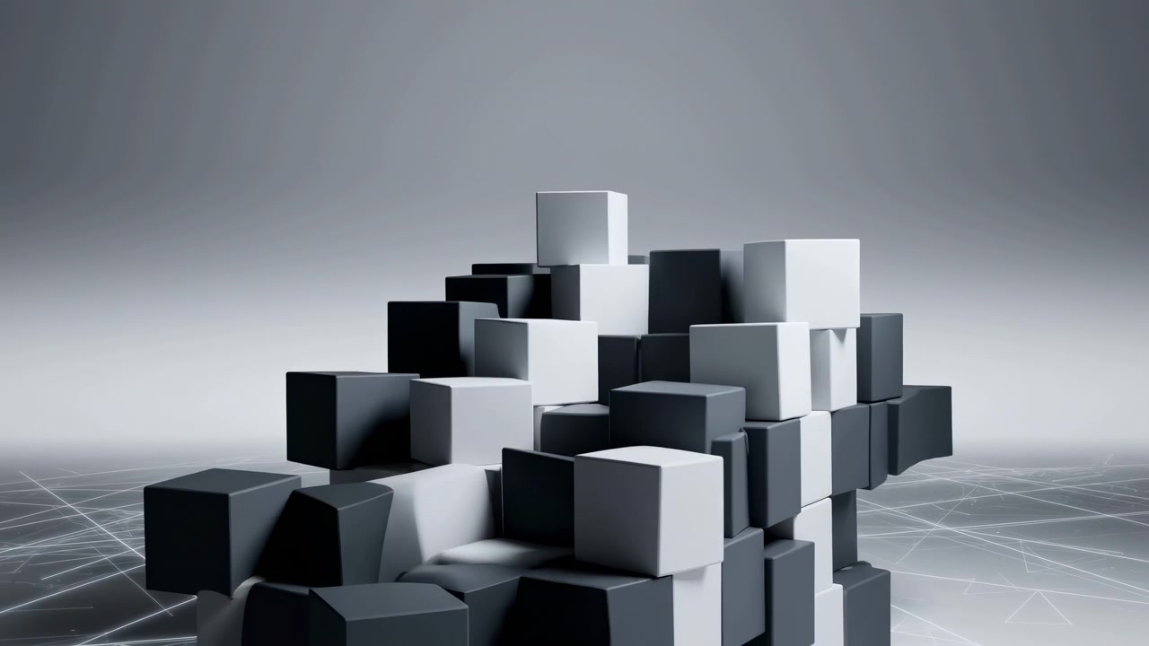 Monochrome Cube Stack On Grid Floor, Studio Lighting Casts Soft Shadows, Precise Geometry And Layered Blocks