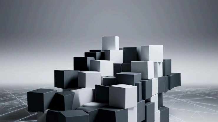 Monochrome Cube Stack On Grid Floor, Studio Lighting Casts Soft Shadows, Precise Geometry And Layered Blocks