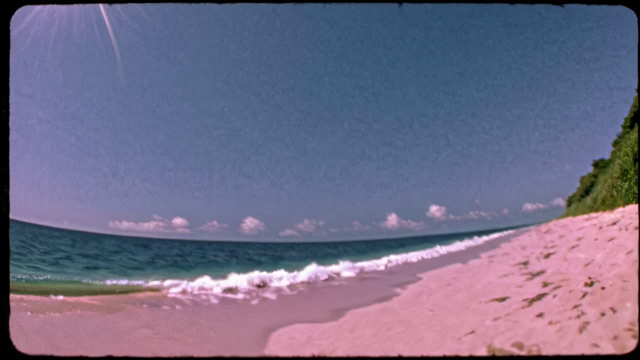 Scena di spiaggia vintage con un orizzonte curvo. Le onde dell'oceano incontrano la riva sabbiosa. Cielo azzurro e limpido.