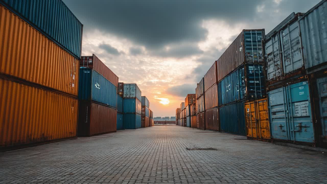 A Lush View of Shipping Containers Stacked Neatly Under a Dramatic Sky at Sunset, Creating a Stunning Industrial Landscape Filled with Color and Depth