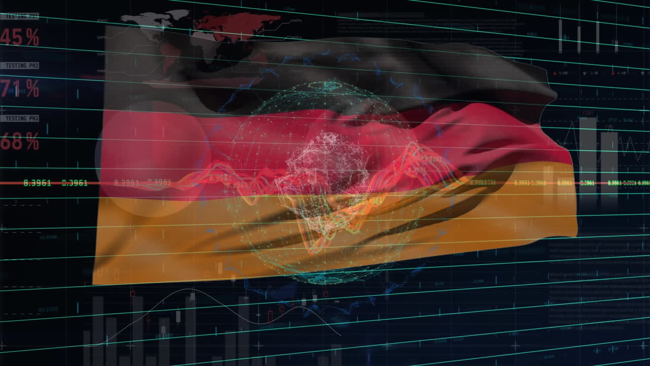 Animation af finansiel databehandling med globus over Tysklands flag på sort baggrund