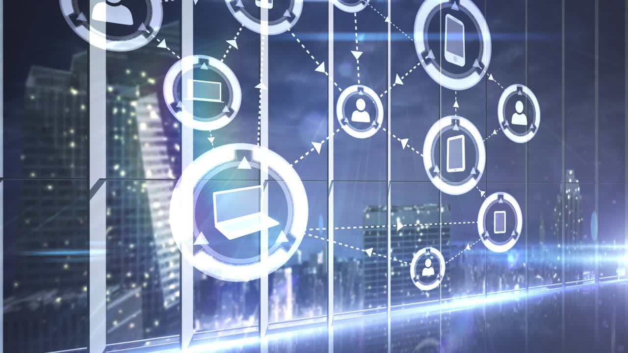 도시 풍경 위에 디지털 아이콘으로 연결된 네트워크의 애니메이션