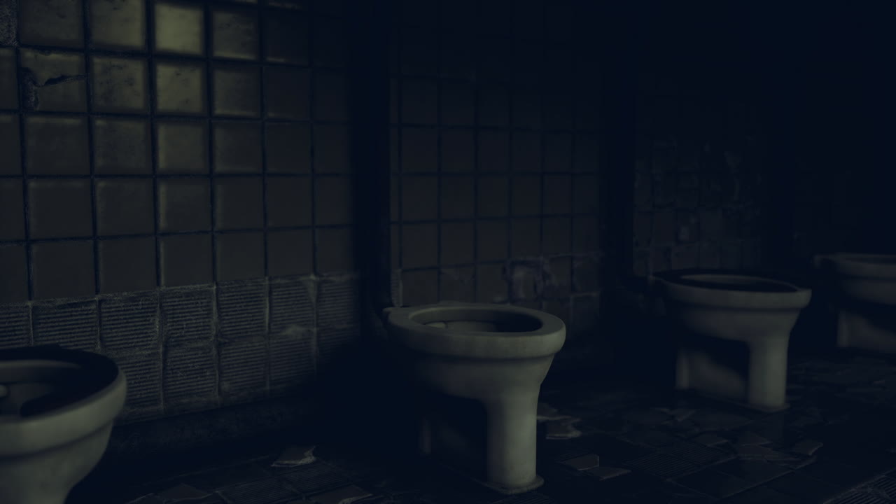 Abandoned restroom with old toilets in a dimly lit setting