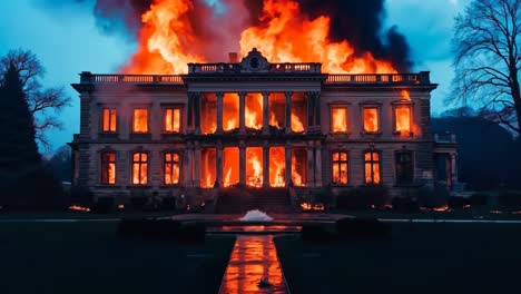 a large building on fire in the middle of a field