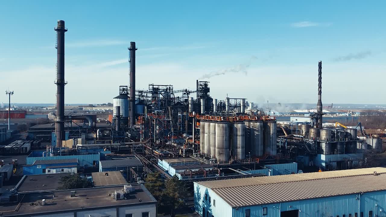 Aerial Shot Going Up Above Factory in Industrial Sector