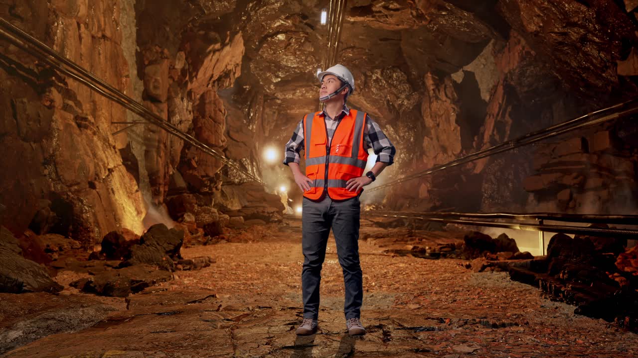Full Body Of Asian Male Engineer Wearing Safety Helmet Looking Around While Standing With Arms Akimbo In Underground Mine Tunnel