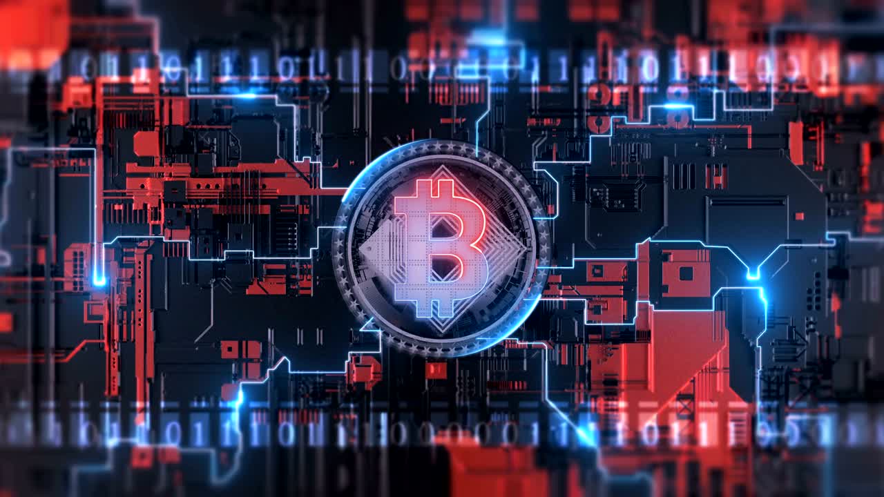bitcoin blockchain símbolo red de encriptación digital en la placa de circuitos. 4k video de animación futurista de fondo del bucle.