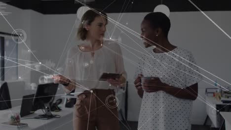Animation of network of connections over diverse business people in office