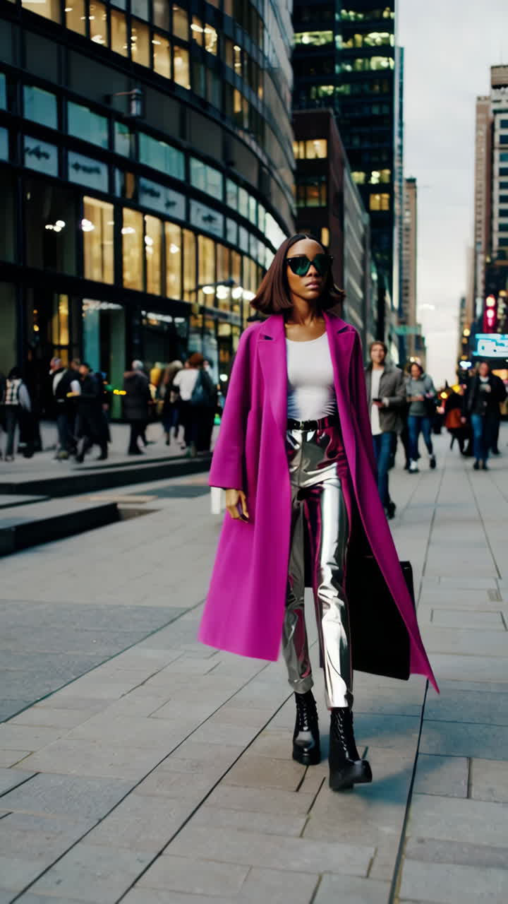 Street Style: Woman in Magenta Coat and Metallic Pants in Urban Setting