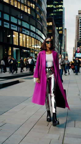 street style: woman in magenta coat and metallic pants in urban setting