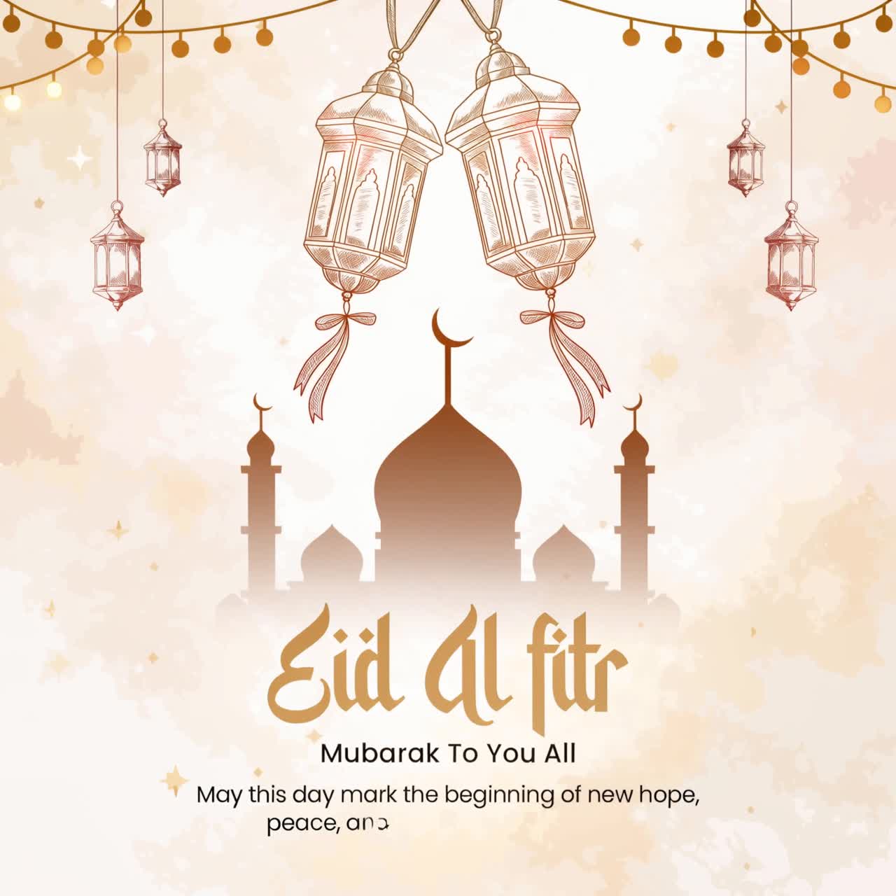 Animazione di auguri di Eid Mubarak ad acquerello con lanterne sospese e mezzaluna su sfondo beige sabbia