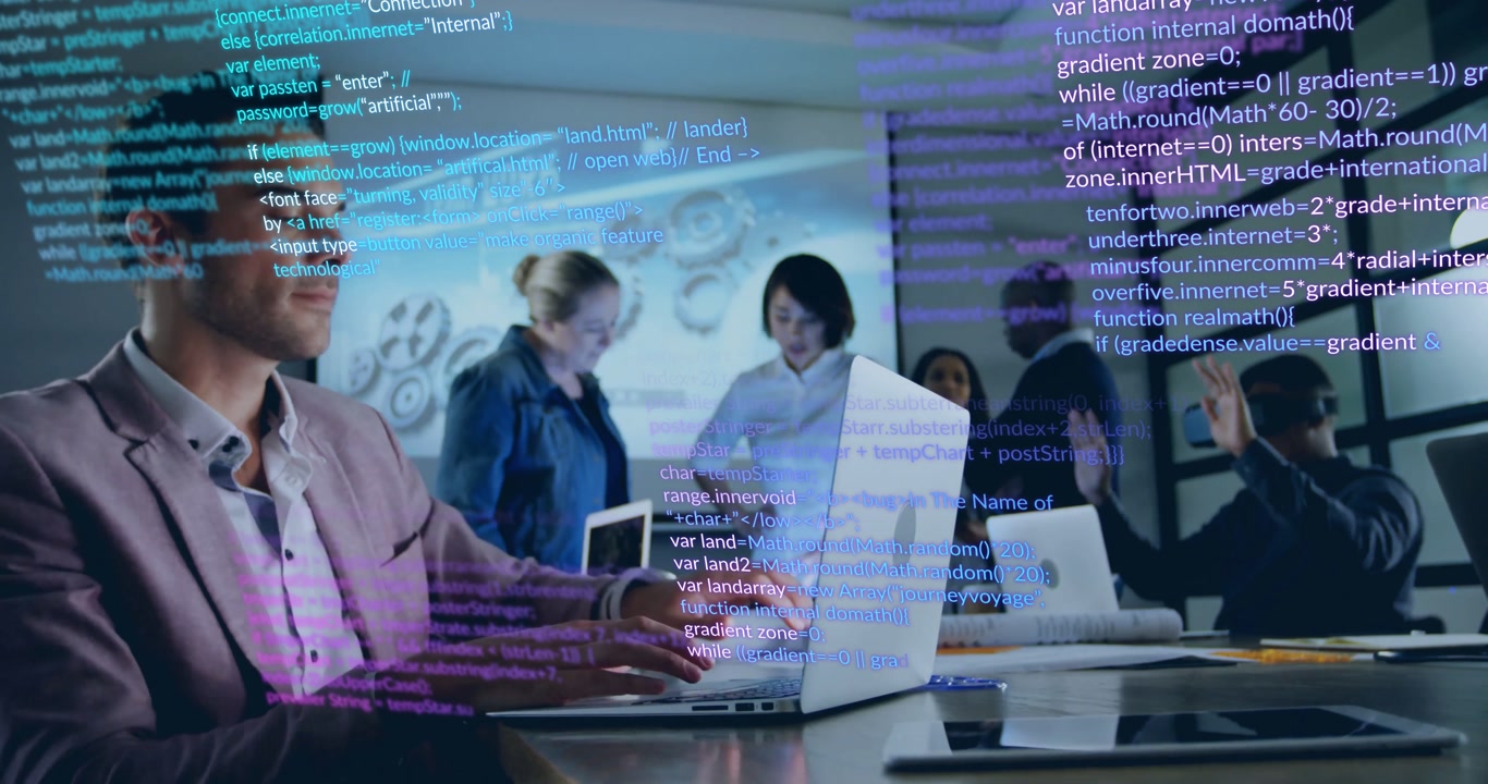 Man joining smartphone call while typing code for code review as colleagues examining code overlay