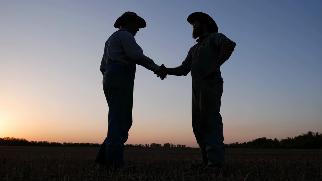 Two farmers shaking hands in silhouette at sunset in a field