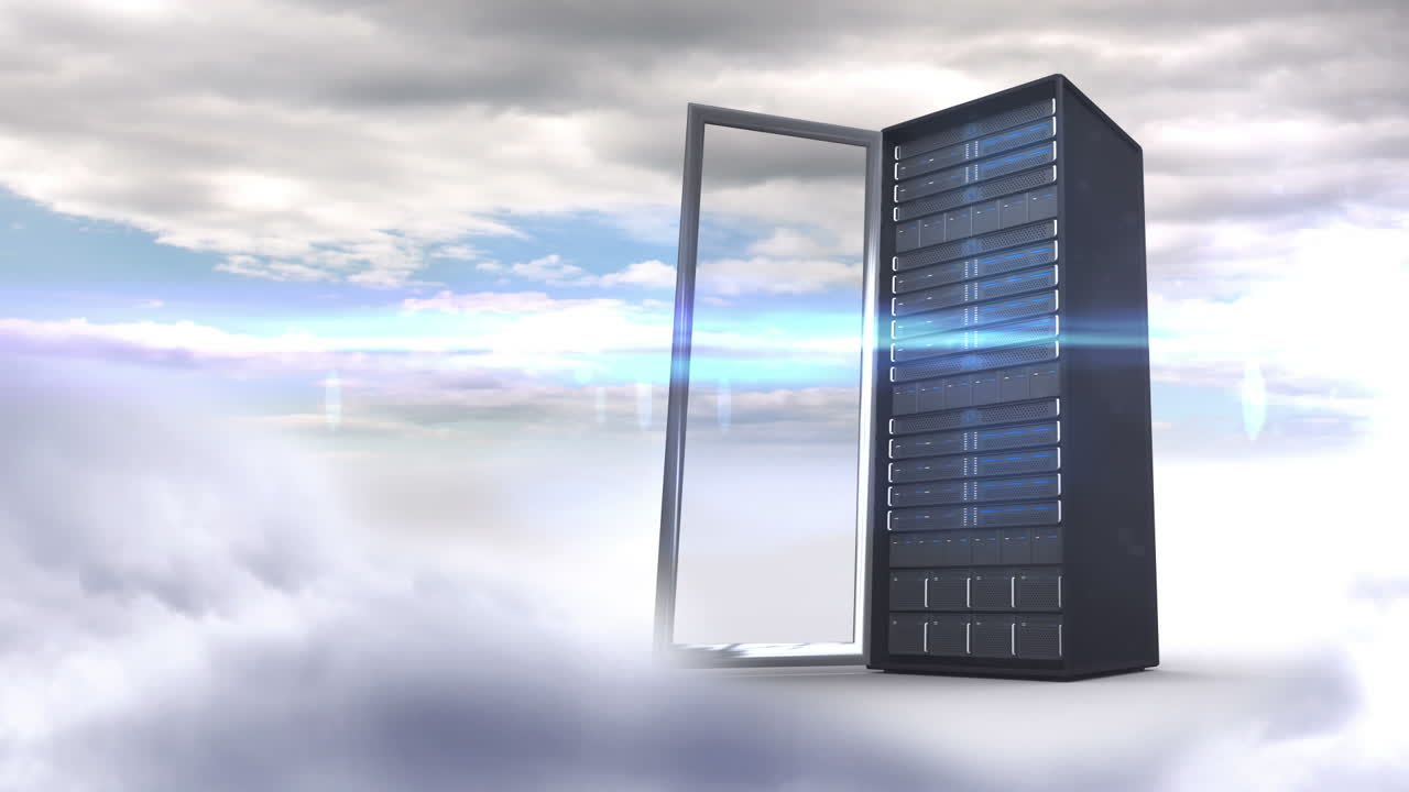Open server tower on cloudy sky background 