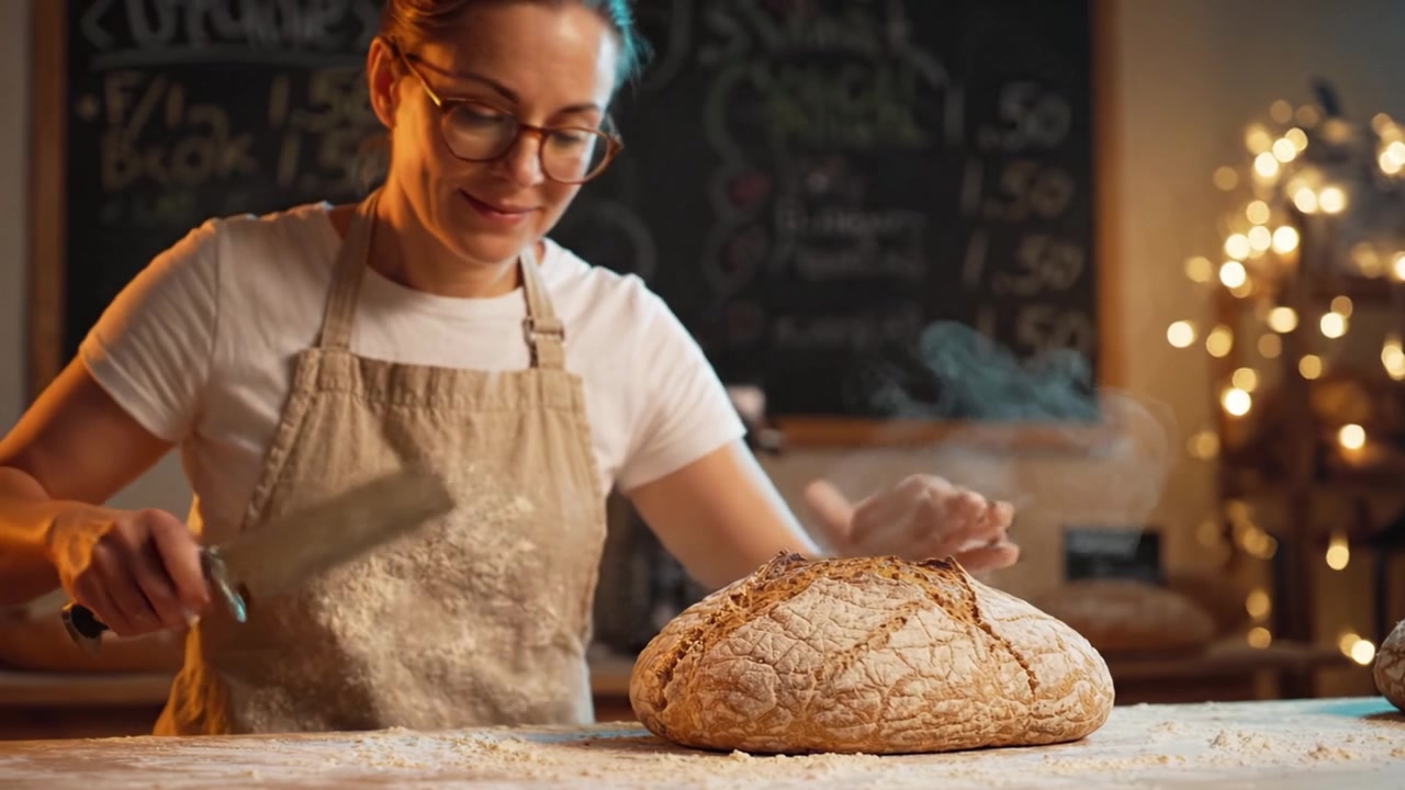 A dedicated baker expertly slices a freshly baked sourdough loaf in a cozy bakery, surrounded by a warm atmosphere and holiday decorations in the background.