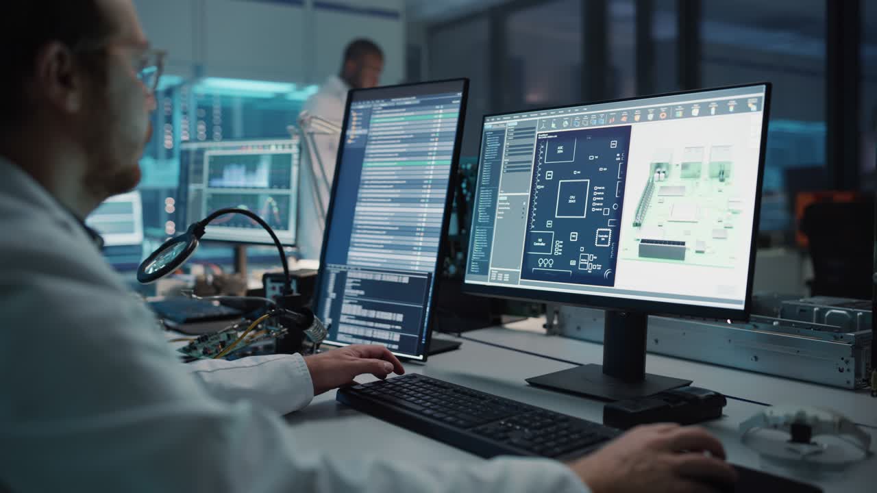 instalación electrónica moderna: científico, ingeniero trabaja en computadora con software cad. hace diseño, desarrollo de pcb industriales, microchips de silicio, semiconductores. sobre el hombro primer plano
