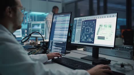 instalación electrónica moderna: científico, ingeniero trabaja en computadora con software cad. hace diseño, desarrollo de pcb industriales, microchips de silicio, semiconductores. sobre el hombro primer plano