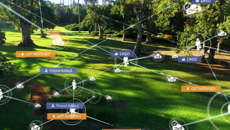 animation of social media icons and network of connections over empty park