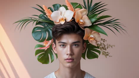 portrait of a man with a tropical floral headpiece