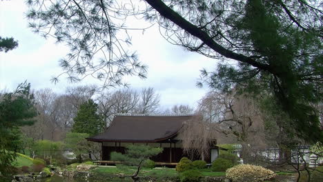 Plano-General-De-Una-Casa-Japonesa-Enmarcada-Por-Ramas-De-Pino