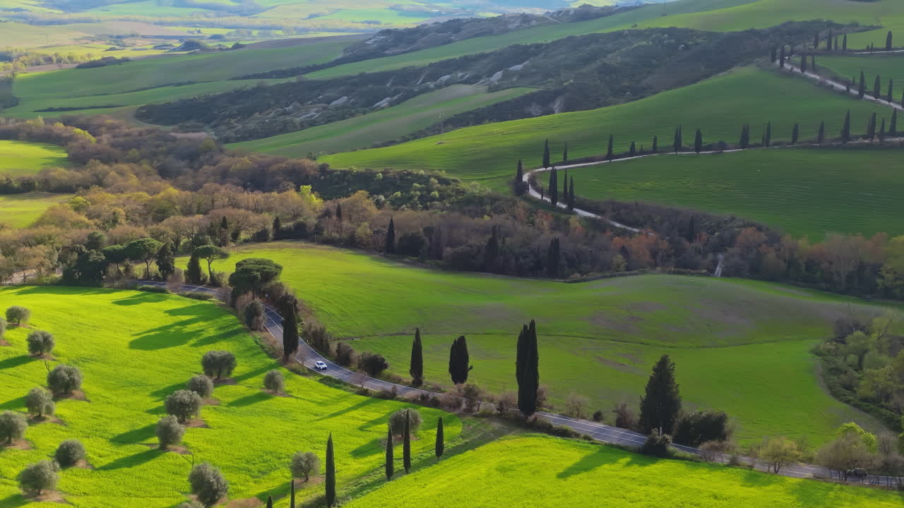 Aerial drone view of the Valdorcia region in Tuscany, central Italy