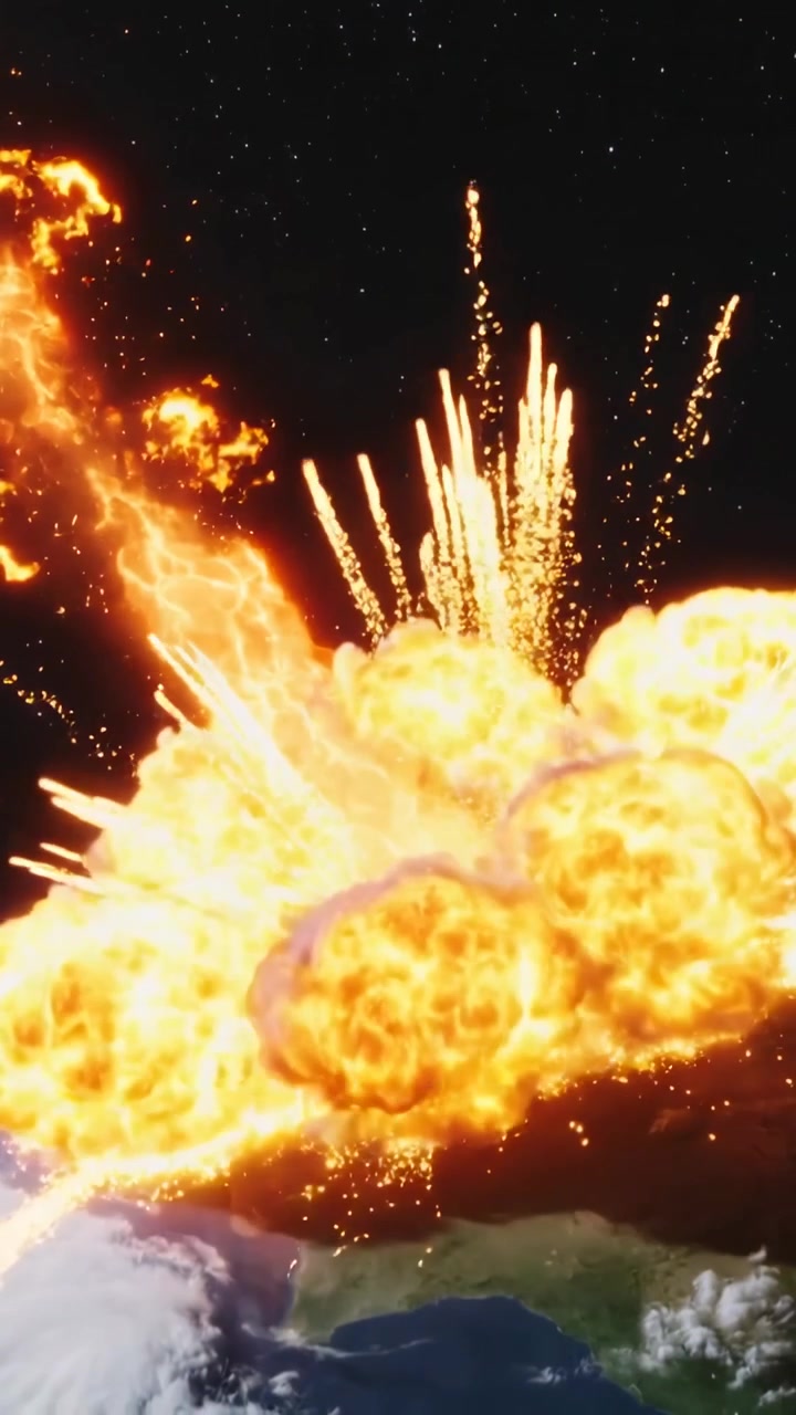 Vertikales Video: Oben links erscheint ein geschmolzener Meteor, der auf die Erde zurast und einen Feuerball-Schweif erzeugt.