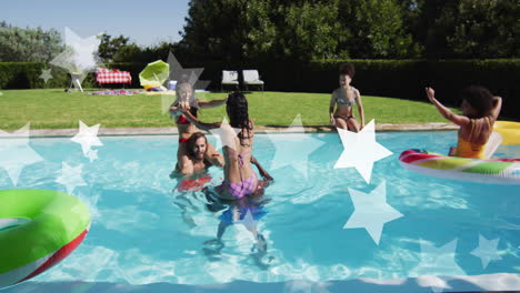 animation of stars ove diverse friends in swimming pool