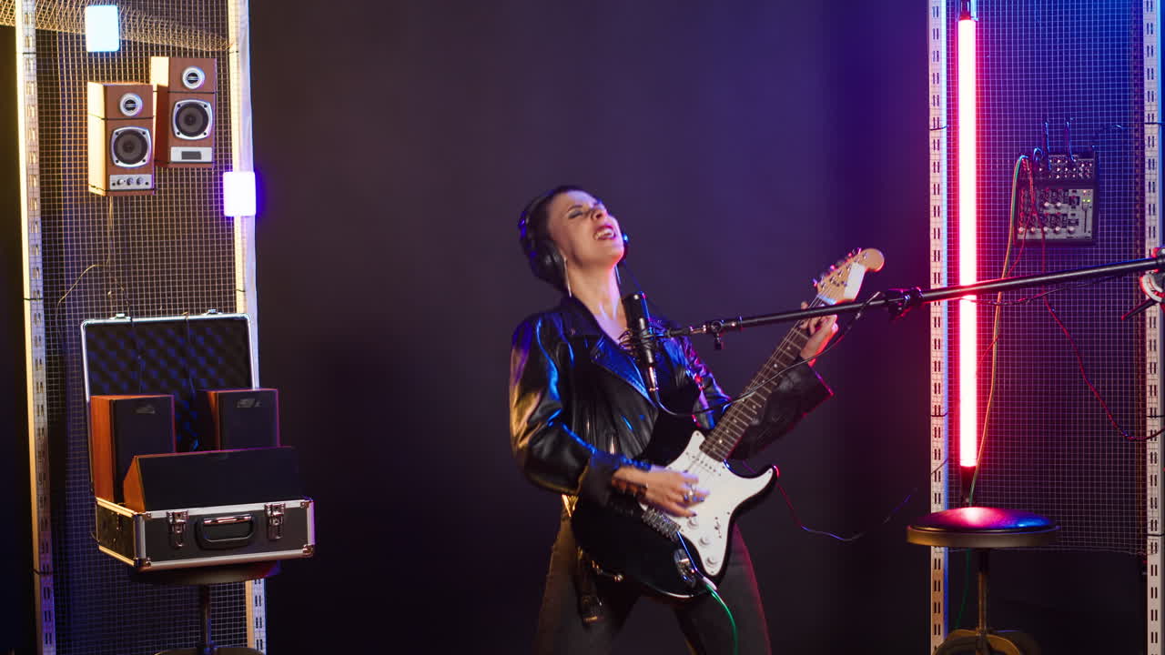 Musician Performing with Electric Guitar in Recording Studio