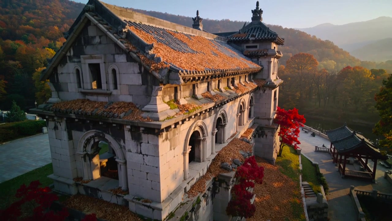 Vue panoramique par drone d'un bâtiment en pierre à flanc de colline, alors que le soleil apparaît, révélant un toit de tuiles.