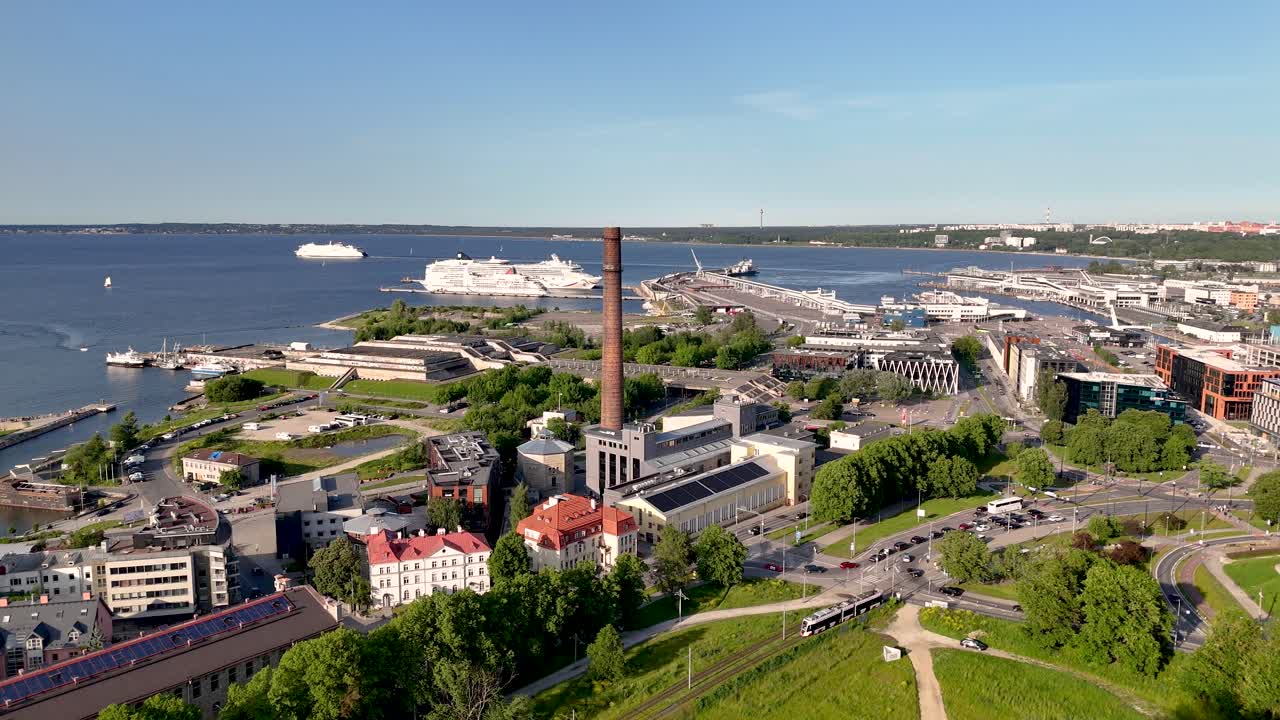 Aerial drone view towards the port of Tallinn in Estonia