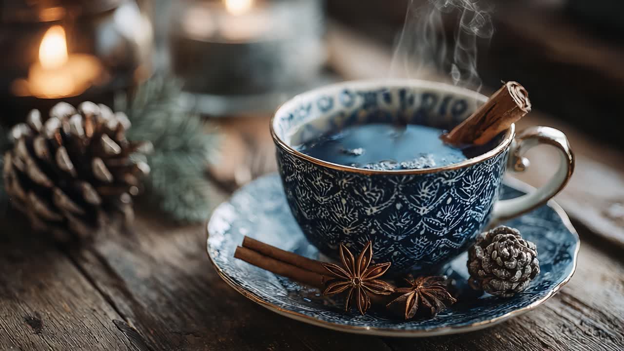 A Cozy Cup of Herbal Tea with Cinnamon Sticks and Pine Cones, Perfect for a Winter Evening with Soft Candlelight and Rustic Wooden Accents