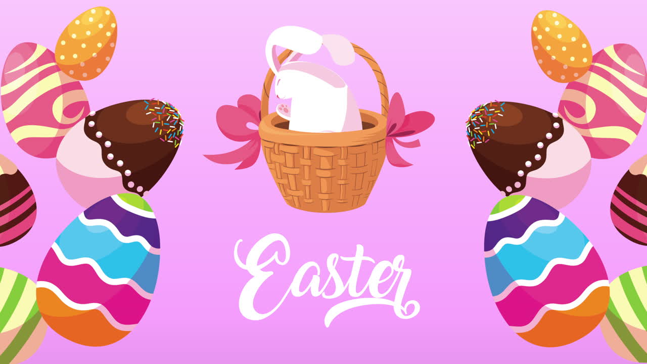 바구니에 토끼와 달이 그려진 이스터 축하 글자