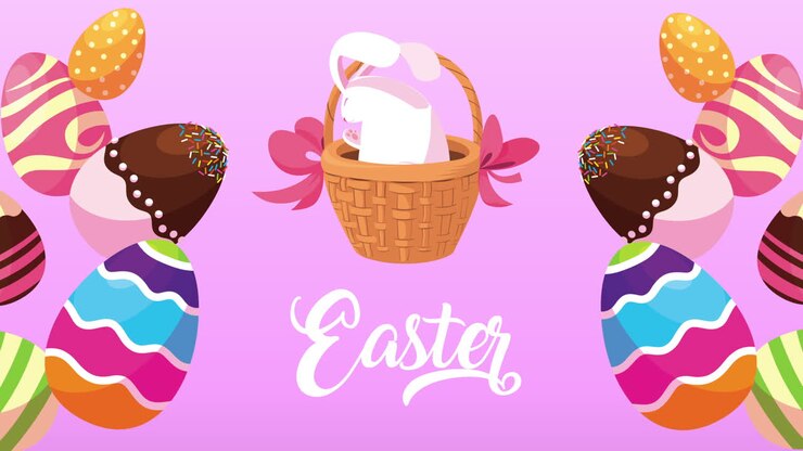 happy easter lettering with rabbit in basket and eggs painted